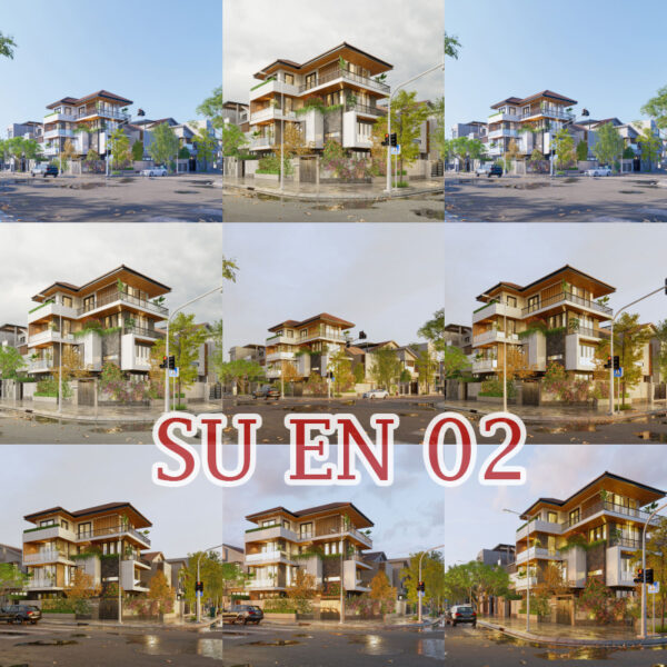 SU.EN.02 - File Mẫu Ngoại Thất Biệt Thự Góc Phố - Full 07 Setting + Vật Liệu (Sketchup + Enscape)