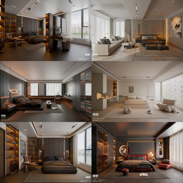 SU.EN.03 - Gồm 5 File Mẫu Nội Thất BEDROOM - Full Setting vật liệu (Sketchup Render Enscape)