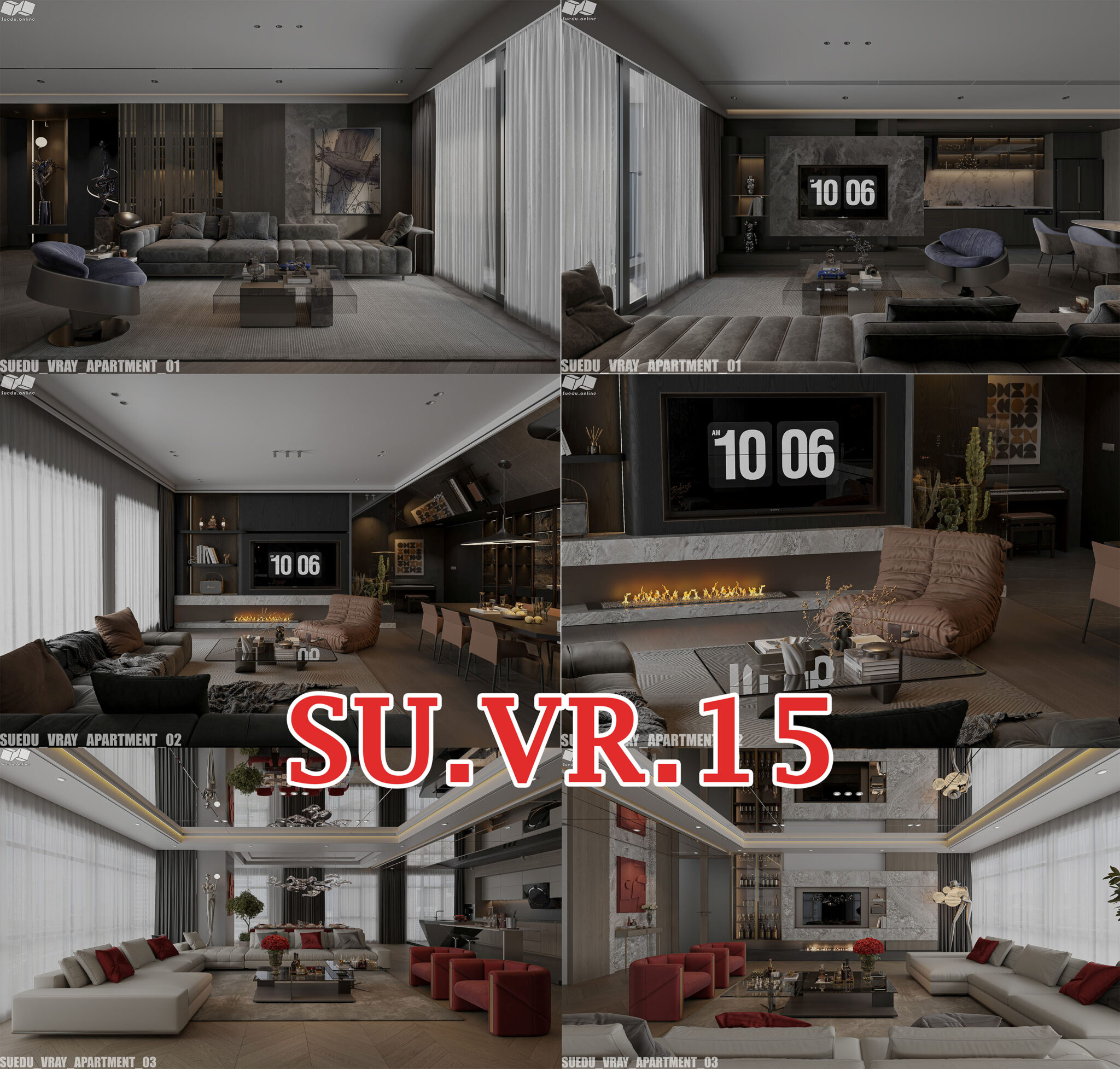 SU.VR.15 – Gồm 3 File Mẫu Nội Thất Phòng Khách+Bếp – Full Setting